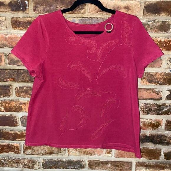 TanJay Red Floral Embroidered Grommet Short Sleeve Top Women's Size Large - Picture 1 of 8
